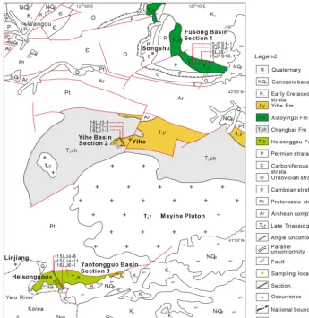 Figure 2. Geological map of the Linjiang area showing early Mesozoic strata and the three study sections.
