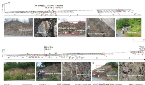 Figure 4. Stratotype outcrop of the Heisonggou Formation and sampling locations. The location of the stratotype is indicated by the dottedline in Fig