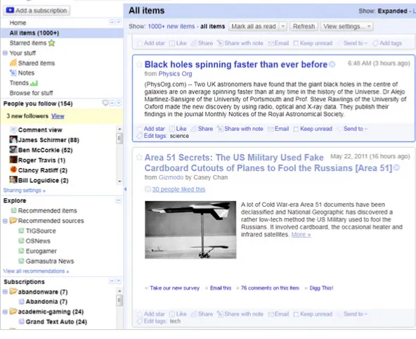 Figure 9. Google Reader is a full-featured RSS reader with tons of features.