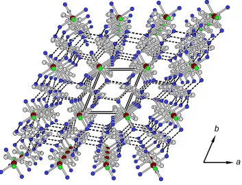 Figure 3Perspective view of CUmof-4 along the c direction, showing the O—H···O− hydrogen-bonding network (dotted lines)