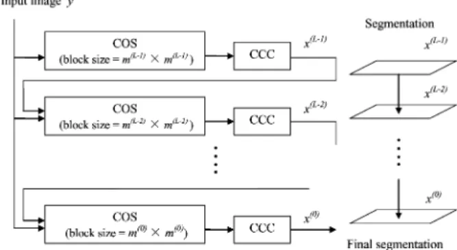 Fig. 8. Illustration of a multiscale-COS/CCC algorithm. Segmentation pro- pro-gresses from coarse to fine scales, incorporating the segmentation result from the previous coarser scale