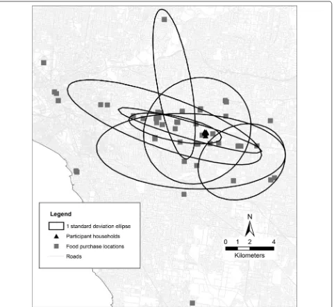 Fig. 4 Food purchase locations and a one standard deviation ellipse around the mean centre of purchase locations for seven individuals in a single sampled neighbourhood (SA1)
