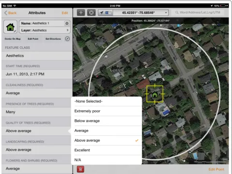 Fig. 1 Main data entry screen of GIS Kit Pro on iPad. Left pane provides SSOI items and pick-lists for Likert response values