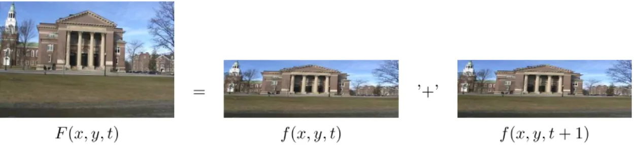 Figure 3.1: One half of the scan lines, f (x, y, t), of a full video frame are recorded at time t, and the other half of the scan lines, f (x, y, t + 1), are recorded at time t + 1