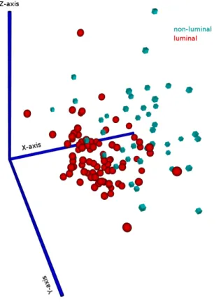 Figure 4.4: 3D visualisation of the first three principal components of the breast cancer dataset (created using the VRMLGen software [24], see chapter 8).