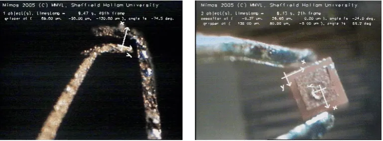 Figure 6: Micro camera image of gripper withuniform background with superimposed pose es-timateFigure 7: Gripper placing a capacitor (courtesy ofSSSA, Sant’ Anna) with superimposed pose esti-mates for gripper and capacitor