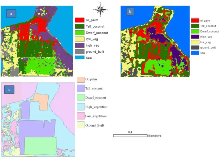 Figure 5: Classification results for Marc Delorme Station; a: Maximum Likelihood  classification; b: Textural classification by PAPRI method; c: manually digitized map)