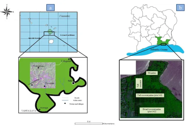 Figure 1: Study sites; a: Vanua Lava; b: Marc Delorme Research Station). 