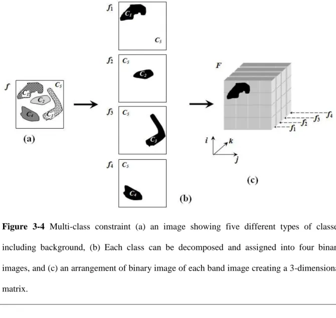 Figure  3-4  Multi-class  constraint  (a)  an  image  showing  five  different  types  of  classes  including  background,  (b)  Each  class  can  be  decomposed  and  assigned  into  four  binary  images, and (c) an arrangement of binary image of each ban
