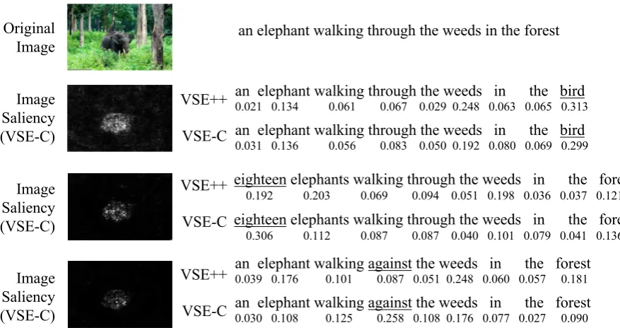 Figure 2: Saliency analysis on adversarial samples. The left column shows the saliency of VSE-C onthe image (what is the difference between the image and the image you imagine from caption(ResNet-152) almost only focuses on the main part of the image, c′),