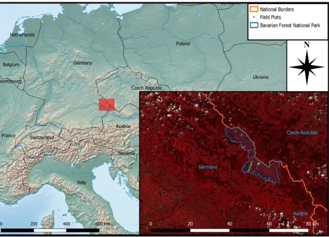 Figure 1: The Bavarian Forest National Park lies at the Czech–German border. The satellite picture  (inset at the red rectangle) is a false-color composite of the NIR, red, and green bands of the  Landsat-8 scene