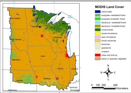 Figure 2.1. Mid-Continent Intensive Campaign (MCI) region boundary and spatial  distribution of land covers extracted from University of Maryland global land cover  product