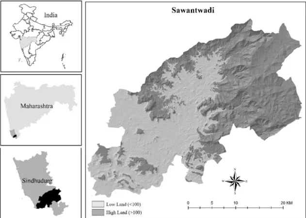 Figure 1 Study area map with elevation showing geographic location of Sawantwadi taluka (elevation source: ASTER GDEM version 2, METI of Japan and NASA).