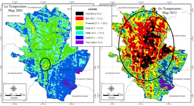 Fig. 2. Map of Spatial Distribution of Temperature Change in Malang City a) 2003 and b) 2013