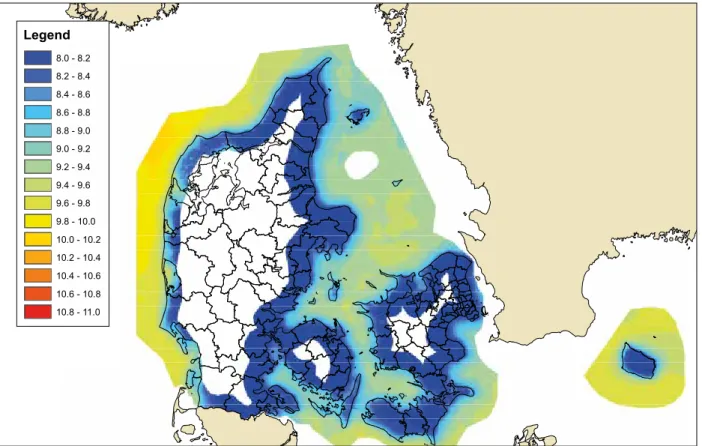 figure 2.1  Average coastal and offshore wind speeds (m/s) in Denmark, 100 m above sea level.