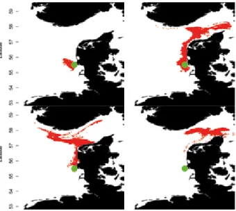 figure 3.8  Results from a hydrodynamic simulation exercise of  distribution patterns of sandeel larvae spawned in the Horns Rev  area