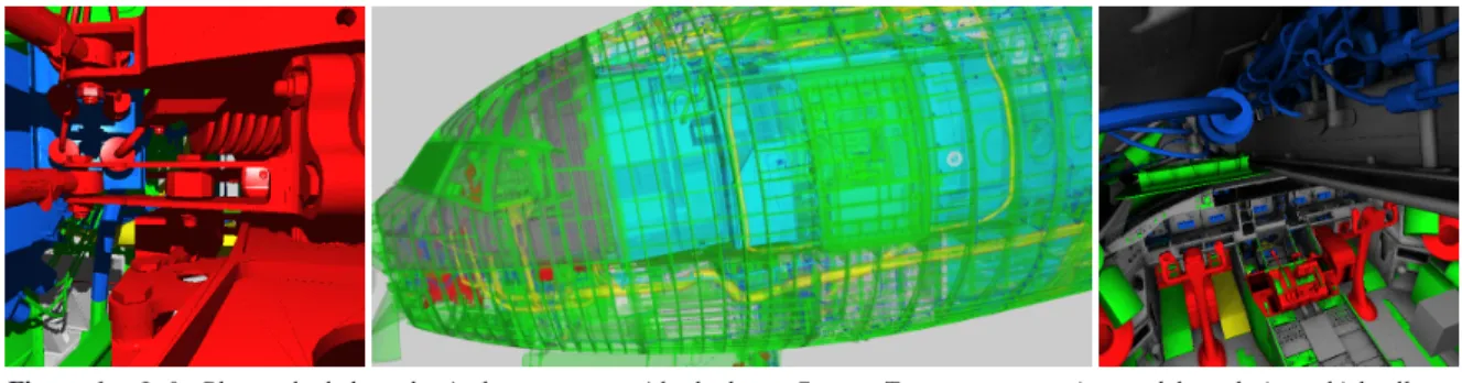 Figure 1: Left: Phong shaded mechanical component with shadows. Center: Transparent massive model rendering which allows occluded structures to be examined in context