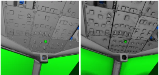 Figure 6: Comparison between Lambertian shading with shadows and ambient occlusion (5x5 filter, four secondary rays) of the overhead control panel in the cockpit