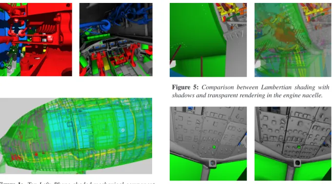 Figure 1: Top Left: Phong shaded mechanical component with shadows. Bottom: Transparent rendering