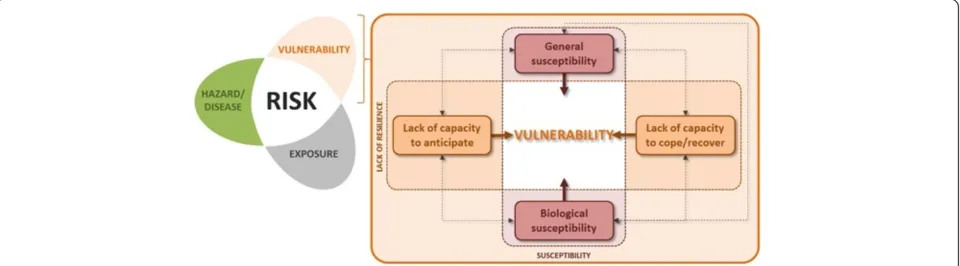 Figure 3 Conceptual risk and vulnerability framework. Risk is defined as a function of hazard (here proxied by the EIR) and the vulnerabilityof exposed population groups (adapted from [34,35]).