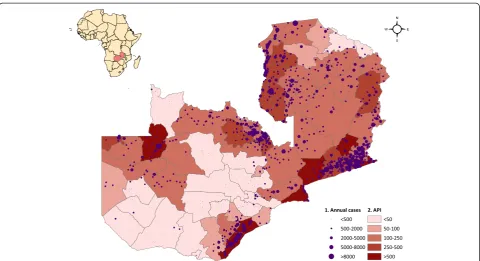 Figure 3 (1) Annual confirmed outpatient cases by facility and (2) annual parasite index (API) by district after imputing missing facility-month values, three-year average 2009–2011, Zambia.