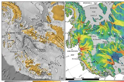 Figure 1. Maps of West Antarctica. The left map is colored to identify areas where the bed is presently below sea level and areas where itis above (Fretwell et al., 2013)