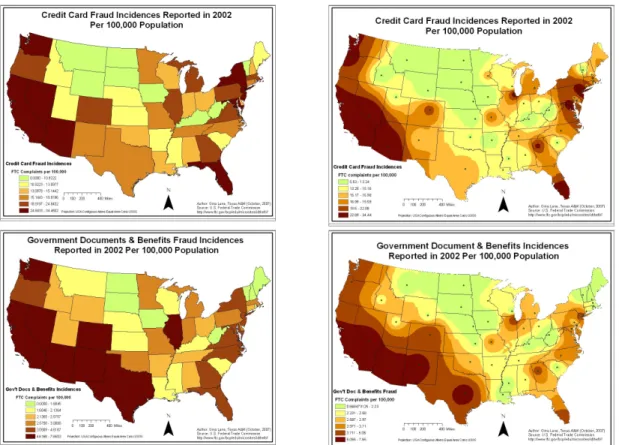 Figure 3: Spatial Patterns of Some FTC Identity Theft Categories in 2002 