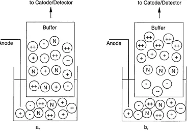 Figure 1.10 Representation of solute distribution and sample bias in hydrodynamic (a,) and electrokinetic (b,) injection during injection.