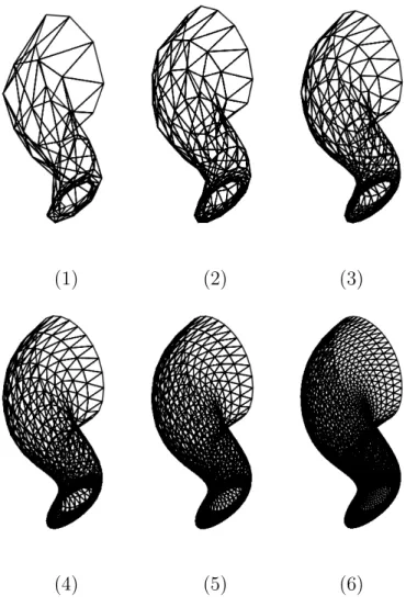 Fig. 8. The tessellations of the spout surface were produced for the following reso- reso-lutions: (1) 128 triangles, (2) 288 triangles, (3) 512 triangles, (4) 1152 triangles, (5) 2048 triangles, and (6) 5000 triangles.