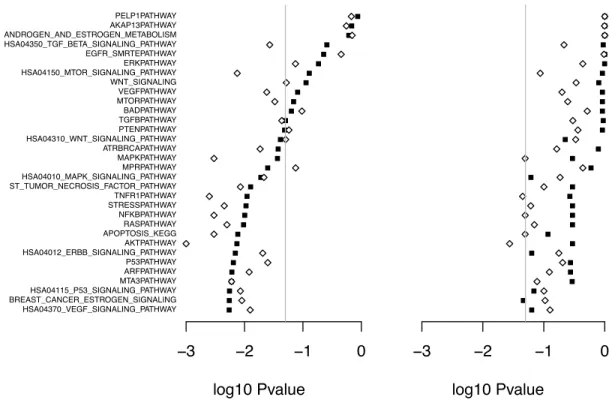 Figure 2.1: log 10 p-values for testing the overall effect of 32 pathways on breast cancer survival