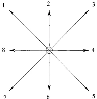 Figure 2. The D2Q9 model lattice structure showing a regular repeating structure with nine distributions located at each lattice node.