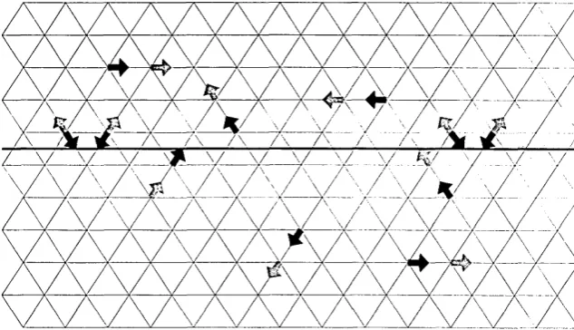 Figure 3. Simplified mid-link bounce-back method on a hexagonal lattice. The heavier line represents the wall position, note it is positioned exactly halfway between lattice nodes