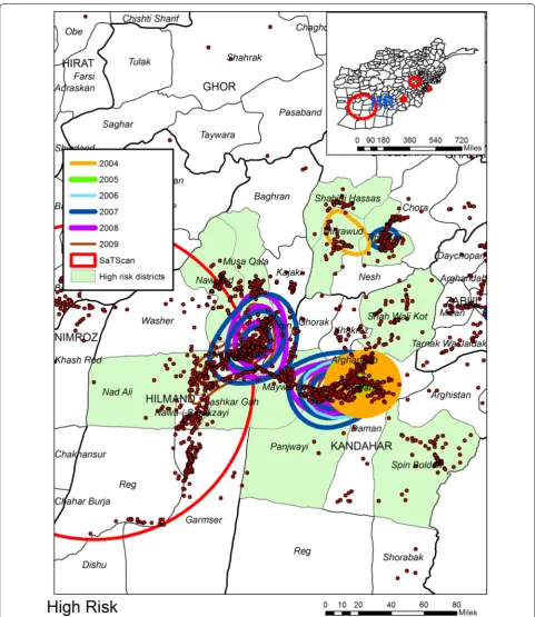 Fig. 5 KDE and SaTScan IEDs results overlaid on Districts commonly associated as having high levels of violence