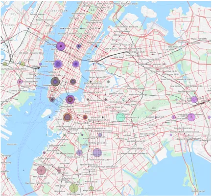 Figure 2: Geo-visual projection of the subjects’ visited locations. Each colour indicates a unique userand the size of their spot indicates the number of unique GPS samples at that location.