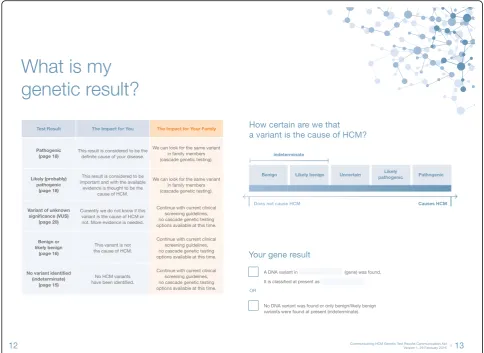 Fig. 3 Example of an opening of the final version of the booklet. The text is purposely placed on the left, with visuals and interactive images onthe right to facilitate discussion with the genetic counselor