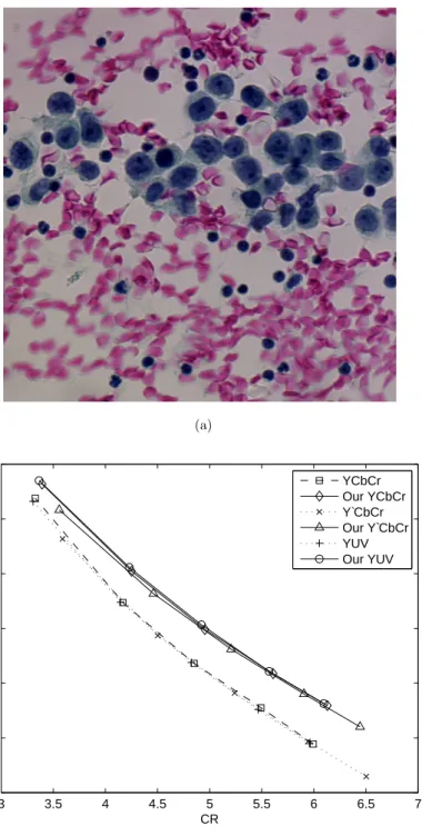 Figure 2.5: PSNR-vs-CR performance of the ‘01122182-0033-rgb’ image (second image in microscopic image dataset) for ﬁxed color transforms and the color weight method