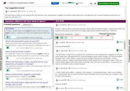 Figure 2: A screenshot of the interface showing the top answer and related questions for a user’s question.As the user selects a related question (marked by the blue rectangular boundary), the interface shows thecorresponding thread in the conversation view (right).