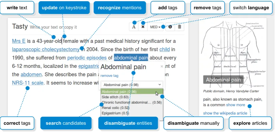 Figure 1: Example of writing a text in Tasty’s user interface. Named entities are displayed as tags, articlesappear on the right side