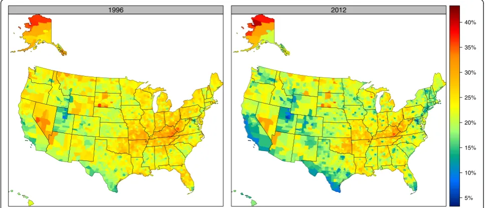 Figure 2 Age-standardized total cigarette smoking prevalence, males, 1996 and 2012.