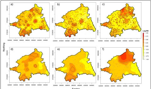 Figure 2 Estimation of the spatial relative risk function for different cancer types in males