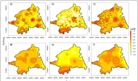 Table 2 Summary of the spatial overlay analysis of the‘risk areas’ with the significant tolerance contours(α = .05): Sensitivity, specificity, and the positivelikelihood ratio (LR+) are presented as area ratios