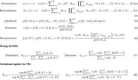 Table 5: Equations for parameter estimation of the HMM with multiple emissions at each state and a single sequence
