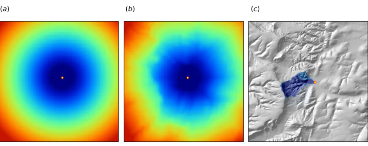 Figure 2 Examples of distance maps to some location in space (yellow dot) based on different deriva- deriva-tion algorithms: (A) simple Euclidean distances, (B) complex speed-based distances based on the  gdis-tance package and Digital Elevation Model (DEM