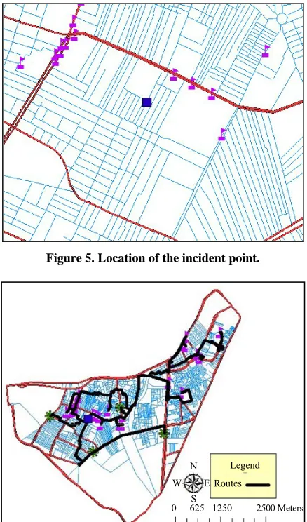 Figure 6. Routes from incident point to all shelters. 