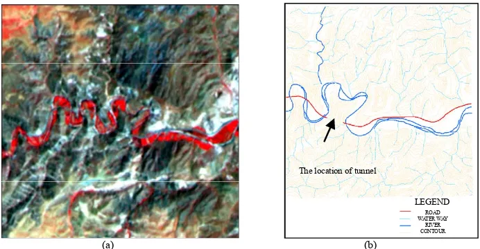 Figure 1. (a) SPOT image from Tabriz-Miyaneh road in Iran; (b) 1:25,000 topographic map of this region