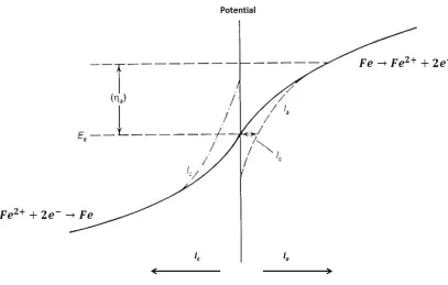 Figure 1-4: Potential-current (Butler-Volmer) relationship for the Fe dissolution/deposition 