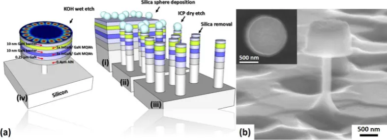 Figure 1. (a) Schematic illustration of our multi-color micro-disk laser, where Inset shows our procedure of the fabrication of dispersed micro-disks on a silicon substrate; (b) Side-view SEM image of our typical micro-disk with a diameter of ~1 μm, demonstrating straight and smooth sidewalls with a large air gap underneath.