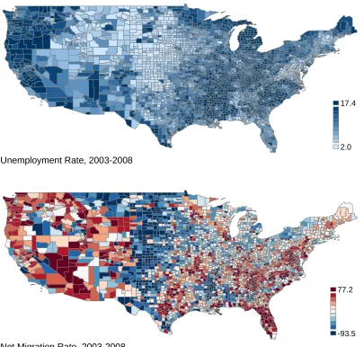 Figure 3: Spatial Distribution of Unemployment and Net Migration by County. Average 2003-2008.