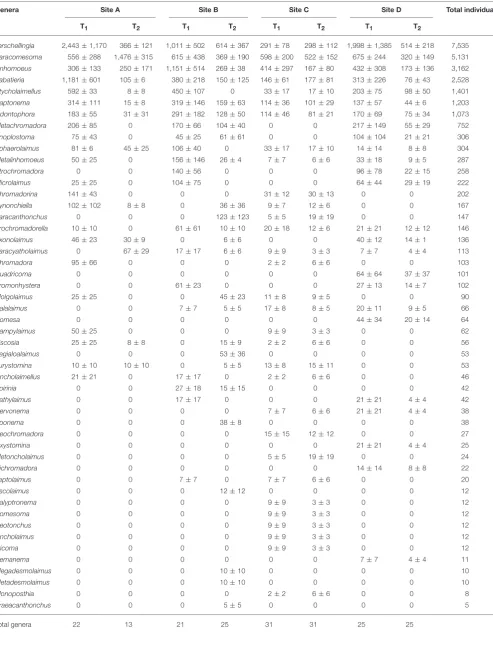 TABLE 3 | Mean density ± standard error (SE) of nematode genera (number of individuals per 10 cm−2) at each sampling site (A, B, C, and D) andsampling occasion (T1 and T2).