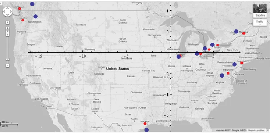 Figure 2.5: Multi-Dimensional Scaling (MDS) example. The red points are the real positionsof 10 big cities in North America